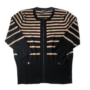Cable & Gauge Petite PXL Black Tan Striped Full Zip Knit Cardigan Sweater